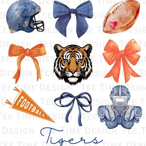 May include: A set of digital clipart images featuring a tiger, football, helmet, and bows in orange, blue, and white. The text "Tigers" is included in the image.