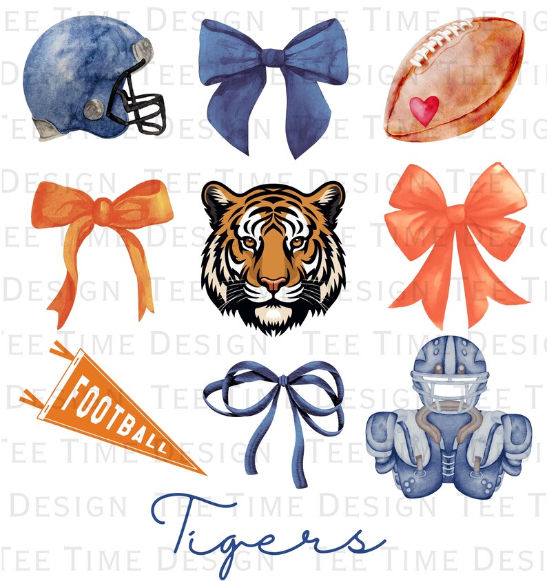 May include: A set of digital clipart images featuring a tiger, football, helmet, and bows in orange, blue, and white. The text "Tigers" is included in the image.