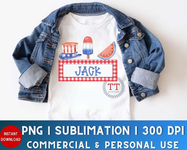May include: A white t-shirt with a red, white, and blue Fourth of July themed design. The design includes a watermelon slice, a popsicle, and a hat with a star on top. The text "JAGK" is on a red and white checkered background.