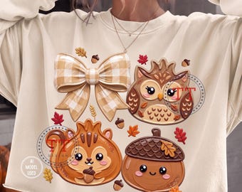 Woodland Animal Dumplings PNG, Trendy Kawaii T-shirt design, Thick Brushstroke Impasto Paint,  Squirrel, Owl