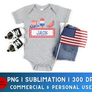 May include: A gray bodysuit with a red, white, and blue Fourth of July design. The design includes a watermelon, ice cream, and a hat. The text "JACK" is on the design. The bodysuit is on a white background.
