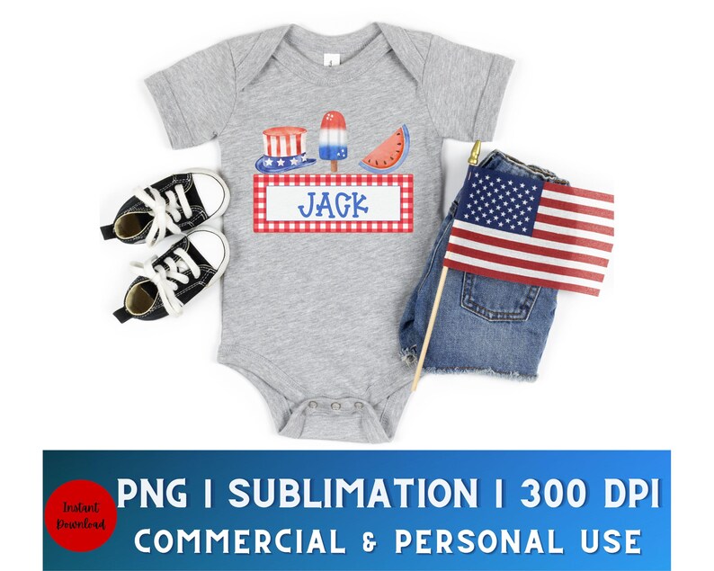 May include: A gray bodysuit with a red, white, and blue Fourth of July design. The design includes a watermelon, ice cream, and a hat. The text "JACK" is on the design. The bodysuit is on a white background.