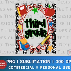 May include: A graphic design featuring the text third grade in black letters inside a red scalloped oval. The background has black and white vertical stripes. Illustrations include a red book, a red apple, a blue backpack, and a yellow pencil.