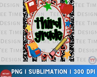 Third Grade Striped Scalloped PNG: Back to School, 3rd Grade Composition Notebook, Doodle Letters (Digital Download)
