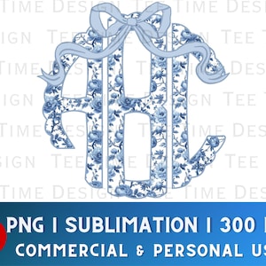 May include: A blue monogram with a floral pattern and a blue bow. The monogram is in the shape of a circle and the letters are "ABC".