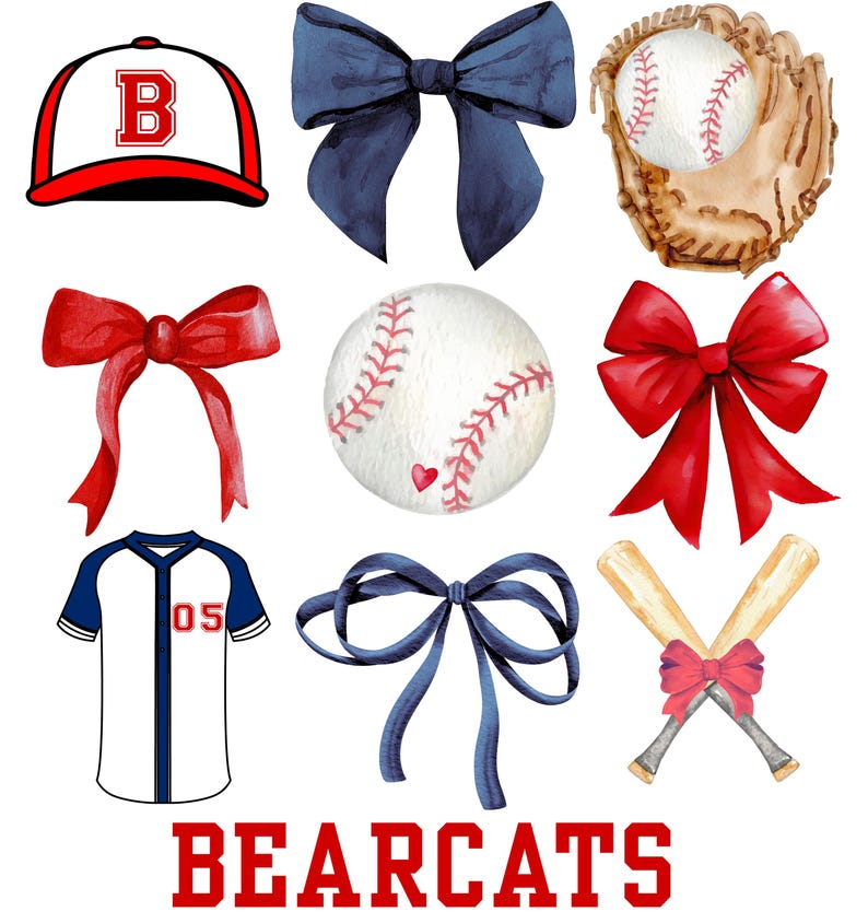 Pu&ograve; includere: Set di clipart ad acquerello con illustrazioni a tema baseball. Il set include un berretto da baseball con una "B" rossa, una palla da baseball, un guanto da baseball, una maglia con il numero "05" e tre diversi fiocchi in rosso e blu.