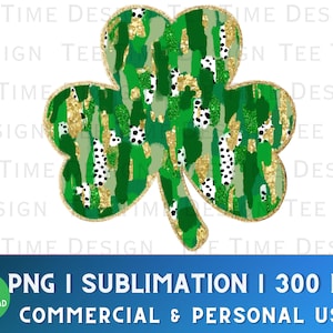 May include: A green shamrock with a gold glitter and white polka dot pattern. The shamrock is a digital graphic for use in crafts and design projects.