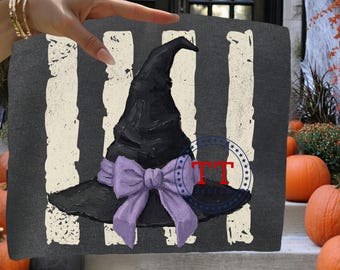 Thick Rustic Painted Halloween Witch Hat PNG:  Vintage Distressed Fall Stripes, Coquette Bow (Digital Download)