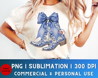 Coquette Cowgirl Boots PNG, Chinoiserie png, Grandmillenial png, Coquette png, Blue Willow png, Cowgirl Boots Bow, Coquette Bow png, preppy