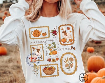 Herbstliche Doodle-Gänse-PNG-Datei, Trendige Cottagecore-Collage mit sommerlichen Herbst-Vibes, Vintage-Blumen-Coquette-DTF, Trendiges Boutique-Design