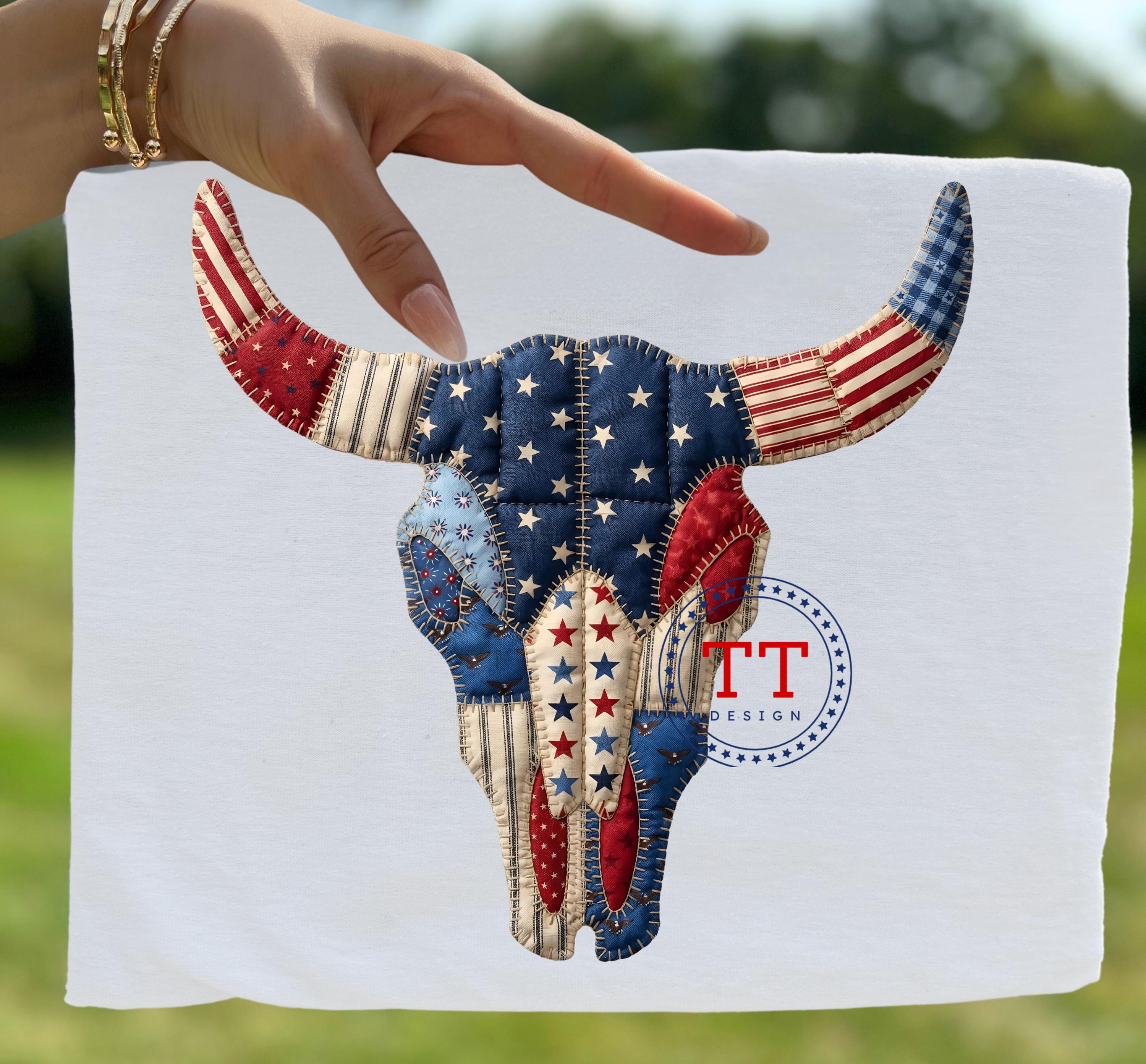 Patriotic Cow Skull Patchwork PNG, Vintage Quilt Style 4th of July