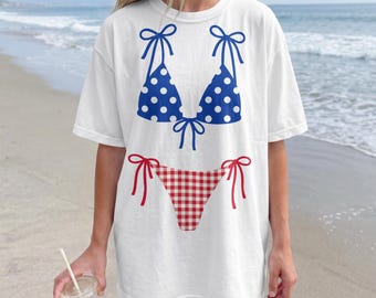 Summer Bikini PNG, Retro Polka Dots Gingham Check Swimsuit Design, Coquette Beach Shirt, Coastal Preppy Design, Vintage Summer Beach Vibes