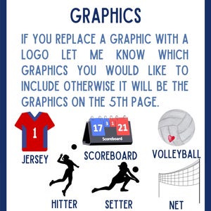 Peut inclure: Un guide de conception graphique pour les &eacute;quipes de volleyball. Il comprend des images d'un maillot, d'un tableau d'affichage, d'un ballon de volley-ball, d'un attaquant, d'un passeur et d'un filet. Le texte indique "GRAPHICS IF YOU REPLACE A GRAPHIC WITH A LOGO LET ME KNOW WHICH GRAPHICS YOU WOULD LIKE TO INCLUDE OTHERWISE IT WILL BE THE GRAPHICS ON THE 5TH PAGE."