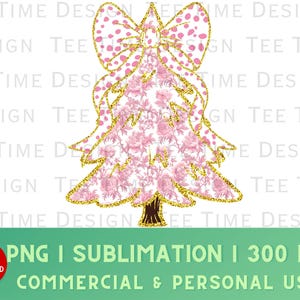 Pink and White Chinoiserie Grandmillenial Coquette Bow Gold Glitter Christmas Tree PNG Girls Christmas Design Preppy Bow Dalmation Dots