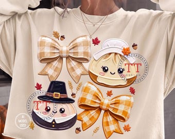 Pilgrim Dumpling PNG, Trendy Thanksgiving Kawaii T-shirt design, Gingham Check Coquette Bows, Thick Brushstroke Impasto Paint