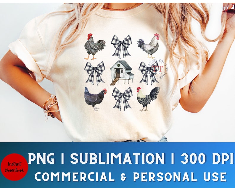May include: A white t-shirt with a design of a white farmhouse with a red roof, black and white chickens, and black and white gingham bows. The design is centered on the shirt.