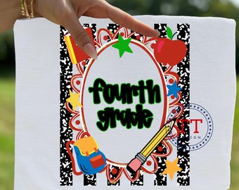 Fourth Grade Striped Scalloped PNG: Back to School, 4th Grade Composition Notebook, Doodle Letters (Digital Download)
