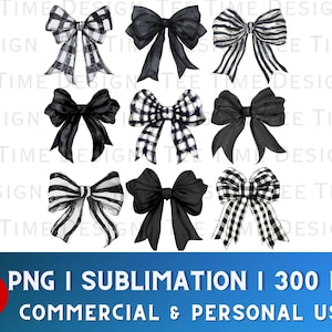 May include: Set of ten black and white watercolor bow illustrations. The bows are in various styles, including plaid, polka dot, and solid black. The bows are perfect for adding a touch of elegance to any project.