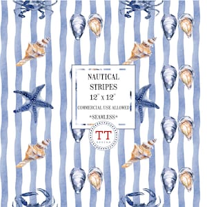 Coastal Coquette Nautical Stripe Seamless Watercolor Pattern JPG Nautical Beach Preppy Grandmillenial Blue Coquette Sea Life Oyster Design