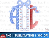 Custom Patriotic Flag Scalloped Monogram PNG Initials Preppy Grandmillenial Coquette Bow Personalized USA Country Trendy Girly DTF transfers