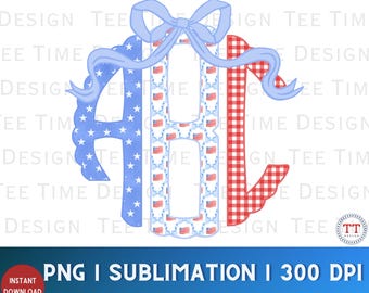 Aangepaste patriottische vlag geschulpte monogram PNG-initialen preppy Grandmillenial Coquette Bow gepersonaliseerde USA land trendy girly DTF-transfers