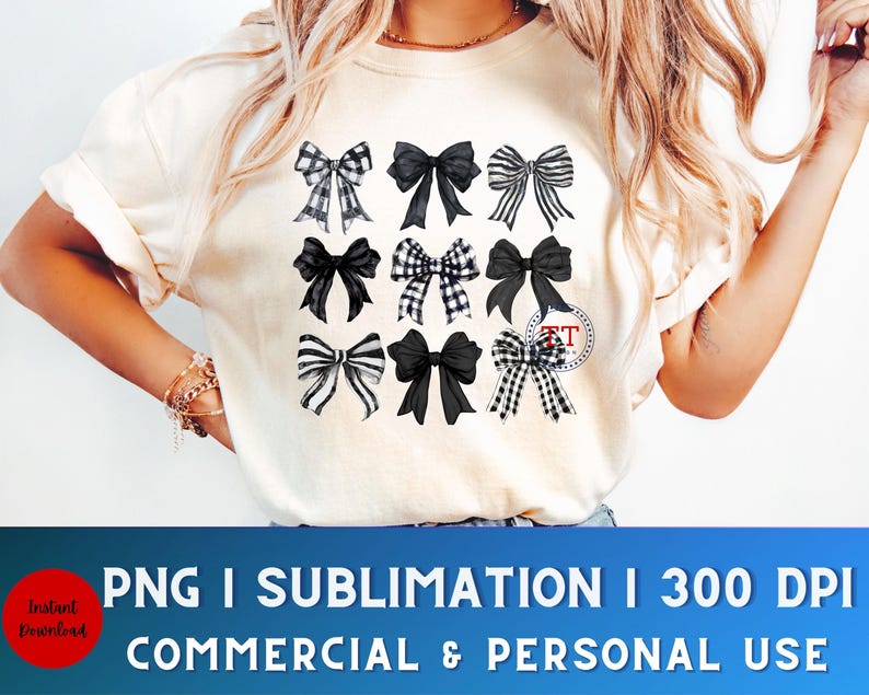 May include: A white t-shirt with a design of nine black and white bows. The bows are arranged in three rows of three. The bows are all different shapes and sizes. The t-shirt is a sublimation design, which means the design is printed directly onto the fabric.