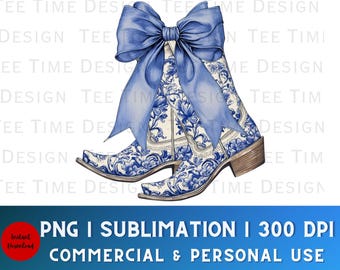 Coquette Cowgirl Boots PNG, Chinoiserie png, Grandmillenial png, Coquette png, Blue Willow png, Cowgirl Boots Bow, Coquette Bow png, preppy