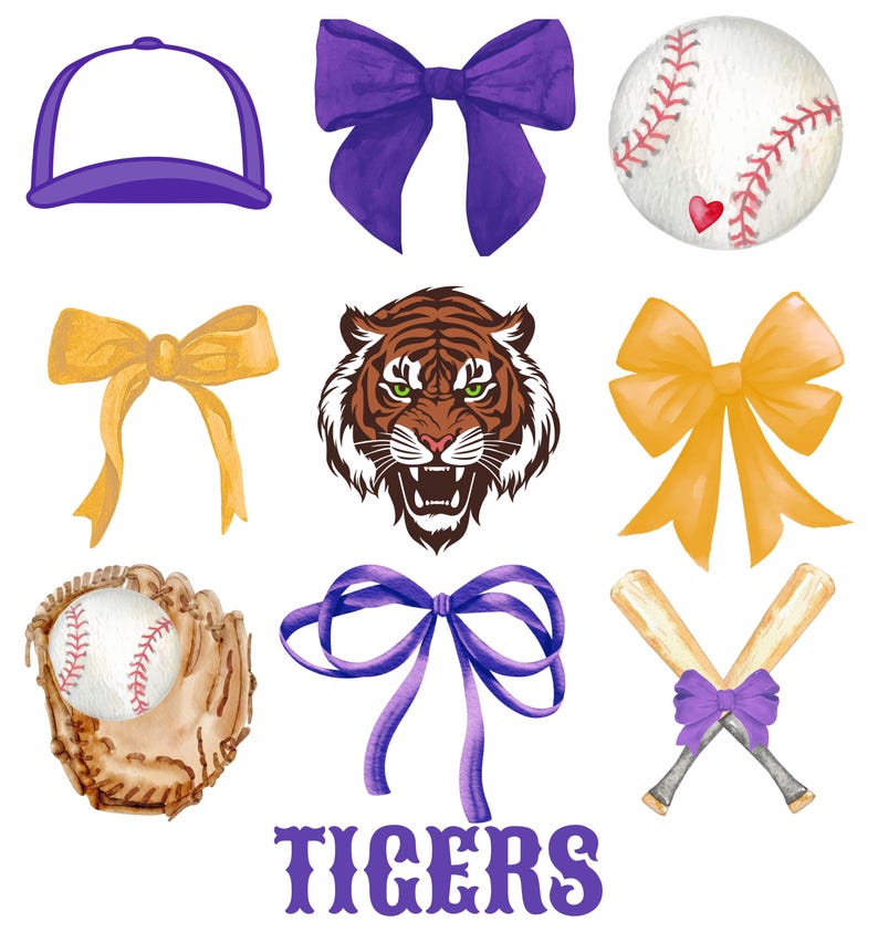 Pu&ograve; includere: Un set di immagini clipart a tema viola e oro, tra cui una palla da baseball, un guanto da baseball, una testa di tigre, una mazza da baseball, un cappello e fiocchi. Il testo "TIGERS" &egrave; in fondo all'immagine.