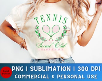 May include: A white t-shirt with a green and pink design that says "Tennis Social Club Only Serving Aces". The design features two pink tennis rackets with green leaves.