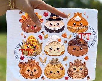 Thanksgiving Dumpling PNG, Trendy Kawaii T-shirt design, Thick Brushstroke Impasto Paint, Pilgrims, Pumpkin Pie, Corn, Scarecrow, Turkey