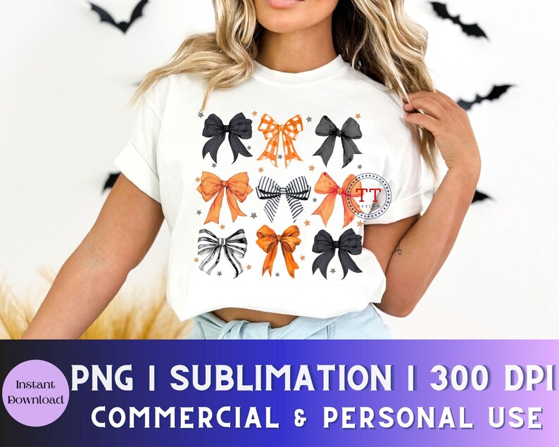 Pu&ograve; includere: Una maglietta bianca con un design di nove fiocchi arancioni, neri e bianchi. I fiocchi sono disposti in una griglia. Il testo "PNG | SUBLIMATION | 300 DPI COMMERCIAL & PERSONAL USE" &egrave; stampato nella parte inferiore della maglietta.