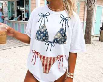 Patchwork Patriotic Bikini PNG, Denim Retro Stars and Stripes Swimsuit Design, USA Coquette Beach Shirt, Coastal Preppy Vintage Summer Vibes