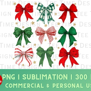 May include: Set of ten watercolor illustrations of red, green, and white bows with gold stars. The bows are perfect for adding a festive touch to your holiday crafts.