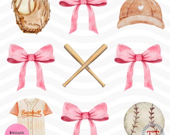 May include: A set of watercolor illustrations featuring baseball-themed items, including a baseball and glove, two crossed bats, a baseball cap, a baseball jersey, a baseball, and four pink bows.