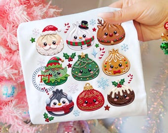 Christmas Dumpling PNG, Trendy Kawaii T-shirt design, Thick Brushstroke Impasto Paint, Santa, Reindeer, Snowman, Elf, Ornament, Tree