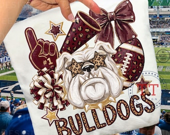 Bulldogs Preppy Mascot Design Coquette Bow PNG, Maroon and White Sports Team Impasto Paint, Leopard Print (Digital Download)