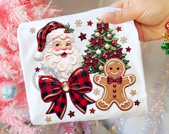 Santa PNG, Red Buffalo Gingham Check Coquette Bow, Thick Impasto Paint Brushstroke Vintage Design,  Acrylic Paint Country Christmas