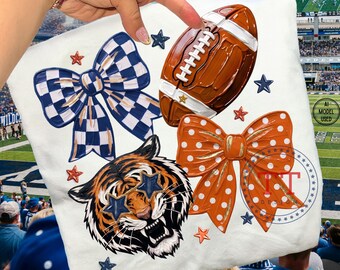 Tigers Preppy Mascot Design Impasto Paint Coquette Bow png Girls Preppy Orange and Blue Sports design dtf Tigers png Team Mascot