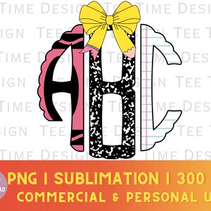 Anpassad tillbaka till skolan scalloped monogram PNG initialer Preppy Coquette penna rosett kritor kompositionsbok personlig trendig flickig DTF png