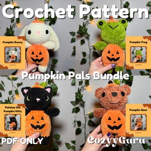 May include: A bundle of crochet patterns featuring four different plush toys: a bunny, a frog, a black cat, and a bear, each holding an orange pumpkin. The text "Crochet Pattern" and "Pumpkin Pals Bundle" are visible.