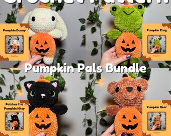 Pumpkin Pals Bundle, Pumpkin Kitty, Frog, Bunny, and Bear Crochet Pattern, Halloween Crochet Pattern, Cute Crochet, Crochet Plushie Pattern
