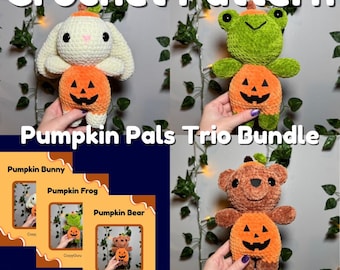 Pumpkin Pals Trio Bundle, Frog, Bunny, and Bear Crochet Pattern, Halloween Crochet Pattern, Cute Crochet, Crochet Plushie Pattern