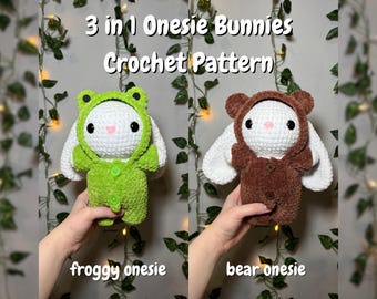 3 in 1 Low Sew Onesie Bunny Crochet Pattern Bundle, Bunny, Plain Onesie, Frog Onesie, Bear Onesie, Low Sew Crochet Bunny Pattern