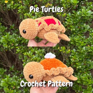 Può includere: Due tartarughe in peluche all'uncinetto con teste e pinne color marrone chiaro. La tartaruga in alto ha un guscio rosso con una crosta a reticolo. Quella in basso ha un guscio arancione con un bordo arricciato e un ciuffo bianco. Testo Pie Turtles.