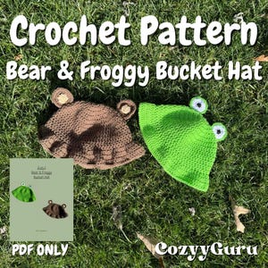 Patrón PDF de gorro de pescador 2 en 1 de crochet con forma de oso y ranita, patrón PDF de gorro de pescador de crochet, gorro de pescador con forma de rana, gorro de pescador con forma de oso, gorro de pescador de crochet