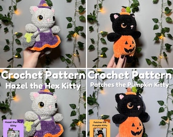 Puede incluir: Cuatro imágenes de muñecas de gato de ganchillo. Una es gris con un sombrero de bruja, un vestido morado y una bolsa. La otra es negra con un cuerpo de calabaza. El texto "Crochet Pattern" y los nombres "Hazel the Hex Kitty" y "Patches the Pumpkin Kitty" son visibles.