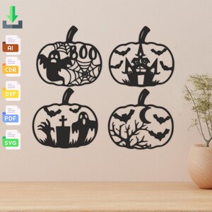 Pumpkin Halloween Wall Art Decor laser cut svg dxf file wall sticker engraving silhouet template cnc laser digital vector instant download