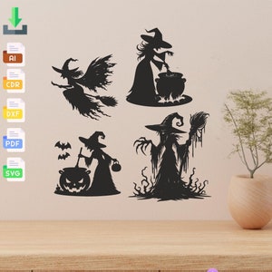 Halloween Witch Silhouette SVG Bundle: Laser Cut Vector Files (Digital Download)