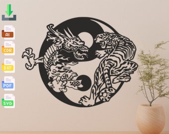 Yin yang tiger and dragon laser cut svg dxf file wall sticker engraving decal silhouette template cnc cut digital vector instant download