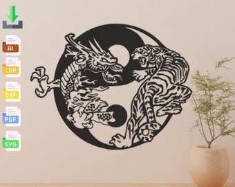 Yin yang tigre y dragón corte láser svg dxf archivo pared pegatina grabado calcomanía silueta plantilla cnc corte vector digital descarga instantánea